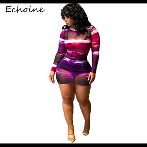 Sheer Mesh Long Sleeve See Through Dress